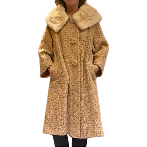 Vintage Berona tan beige swing Wool coat with white mink collar estimated sz M/L - Picture 4 of 17